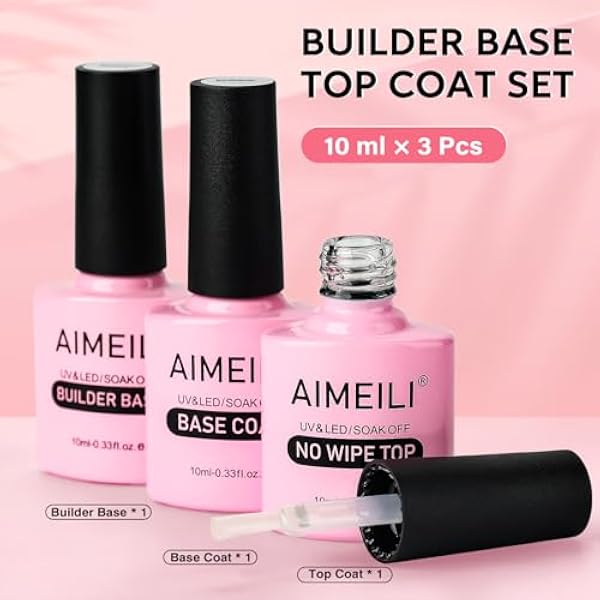 AIMEILI 7-in-1 Builder Gel and Top Coat Base Coat, Set of 3 x 10 ml Nail Extension Clear Builder