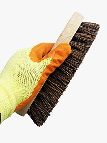 SPHIRES Pack of 2 Wooden Hand Scrubbing Brush Bassine Bristle Brush and A Pair of Orange Latex Palm Work Gloves Heavy Duty Floor Scrubber Cleaning Brush