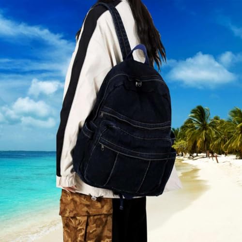 Image of Dark Wash Denim Jean Backpack for Women & Men Retro Aesthetic Rucksack Basic Backpack for High School /College Students Travel Laptop Bag