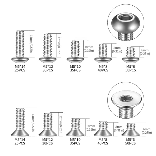 360 Pcs M5 Metric Hex Socket Head Cap Screws & Bolts Set, 180 Countersunk & 180 Flat Head Screws - 6mm/8mm/10mm/12mm/14mm, Silver - Image 2