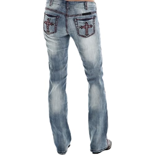 Bootcut Jeans for Women Mid Rise Ripped Distressed Embroidered Cross Jeans Stretchy Fit Denim Long Pants3