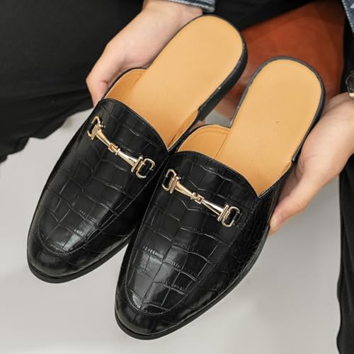 Mens Retro Stone Grain Leather Slip-On Backless Mule Horsebit Smoking Slippers Round Toe Non-Slip for Business Casual Dress Prom Party3