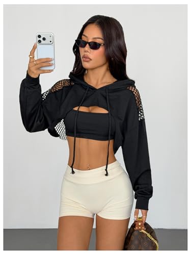 Image of SweatyRocks Women's Casual Solid Cut Out Front Long Sleeve Pullover Crop Top Sweatshirt, Solid Black, Large