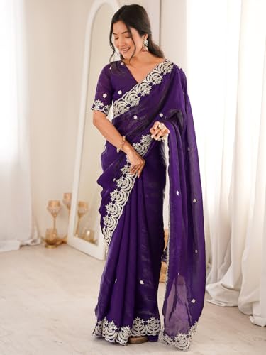 Image of SIRIL Women's Tissue Silk Sequence Embroidery Saree With Unstitched Blouse Piece