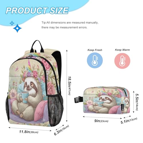 Kids Backpack Cute Sloth with Coffee Boys Girls School Backpack with Lunch Bag Bookbag Set2