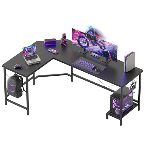Mericonia 50 inch Large Corner Gaming Desk, Simple L Shaped Desk with CPU Stand & Hooks, Computer Desk for Home, Bedroom & Office Workspace, Black