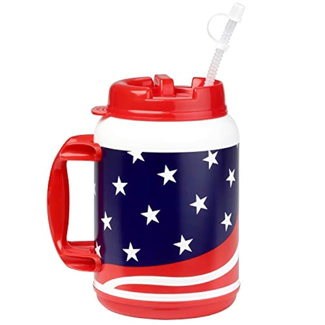 64 Ounce Insulated Mug with Handle Flexible Straw with Cap, Large Plastic Cup, Big Trucker Mug, Huge Cup, USA Flag Patriotic