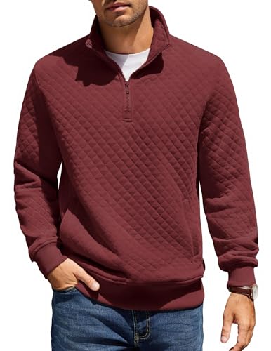 COOFANDY Mens Quarter Zip Pullover Quilted Sweatshirt Knit Long Sleeve Mock Neck Sweater Polo with Pocket Red