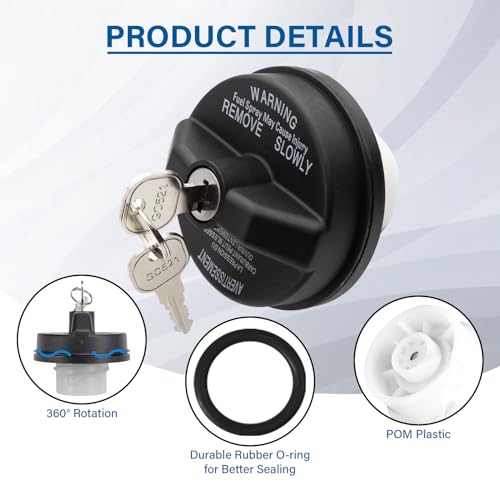 Image of Lock Fuel Tank Cap, #5278655AB, 05278655AB, Locking Gas Cap with Key For Dodge Jeep Ram Chrysler - Cherokee Grand Cherokee Wrangler TJ LJ JK JKU JL JLU JT Liberty Compass, Dodge & Jeep Gas Cap