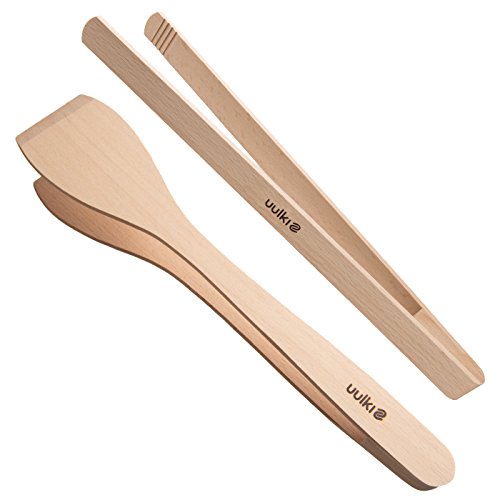 Uulki® Juego de Barbacoa: 1 Pinzas Espátula Tornero y 1 Pinzas Grill  de Madera de Haya 30 cm  Utensilios de Cocina Parilla BBQ Ecológicos de Europa (Haya)