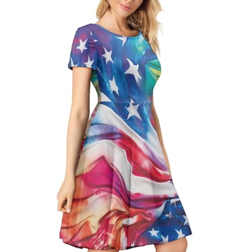 Image of POLERO Women Puffy Swing Elegant Party Midi Dresses Short Sleeve Round Neck A-Line Dress