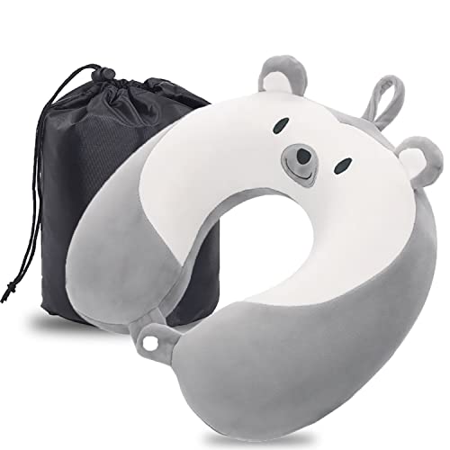 MASMAS Almohada de Viaje Oso 3D, Cojín para Cuello Viscoelástica de Espuma Memoria, Cómoda para la Cervical, Ortopédica Soporte de Nuca para Viajar Coche Avión Bus (Gris Oso)