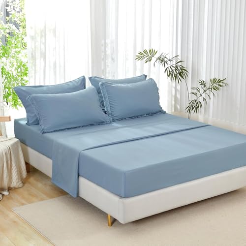 Image of Andency Oversized King Comforter Set with Sheets 120x120 Grayish Blue - 7 Pieces Boho Tassel Bed in a Bag Soft Lightweight Bedding Sets, Fringe Bed Set with Comforter, Sheets, Pillowcases & Shams