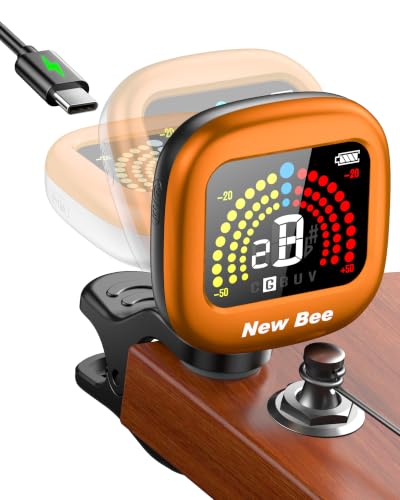 Image of New bee Guitar Tuner Rechargeable, Color Screen Clip On Tuner (Orange, 1 Pack) | 360 Rotatable, Fast & Accurate Chromatic Tuning, for Guitar, Bass, Ukulele, Violin, Cello