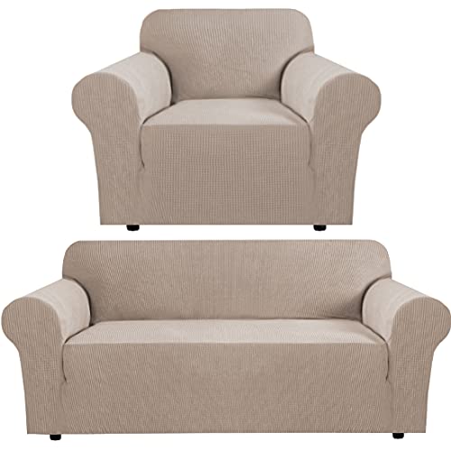 H.VERSAILTEX Stretch Sofa Covers (Sofa 72"-96": Sand) for 3 Cushion Couch Bundle Stretch Chair Slipcover (Armchair 32"-48", Sand) Small Checks Jacquard Soft Thick, Removable and Washable