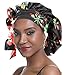 SENGTERM Bonnet de Nuit en Soie Femme aux Cheveux Bonnet en Satin Bonnet de Nuit Large Bande Soyeuse élastique à Double Couche pour Femmes Noires aux Cheveux Longs et bouclés (Black Flower)