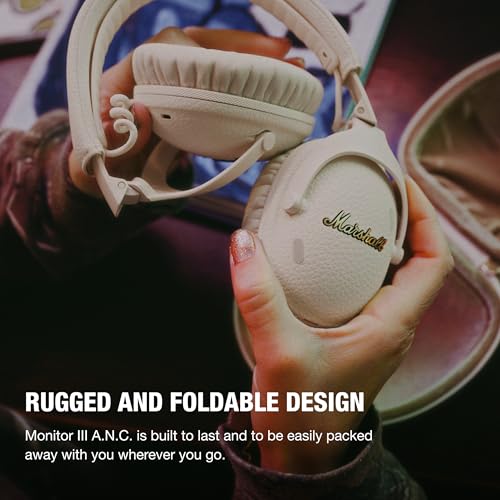 Image of Marshall Monitor III A.N.C. Wireless Over-Ear Bluetooth Headphones - Active Noise Cancelling with Microphone | 100+ Hr Playtime | Lightweight, Foldable Design for Travel - Cream