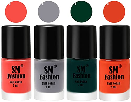 Image of Nail Polish Combo Set (Pack of 4) Quick Dry Gel Finish Nail Paint | Coral,Gray,Dark Green,Reddish Orange | 7 ml Each