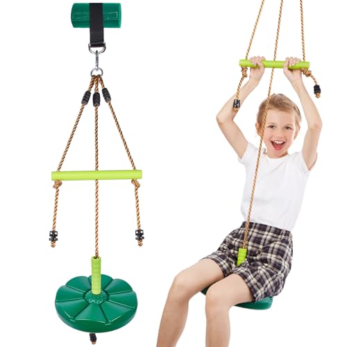 AGPTEK Disc Swing with Monkey Bars,Tree Swing Set Accessories Rope Disk Swing Seat with Carabiner and 22in Hanging Strap Heavy Duty Swingset for Zipline Outdoor Playground, Jungle & Gym(Green)