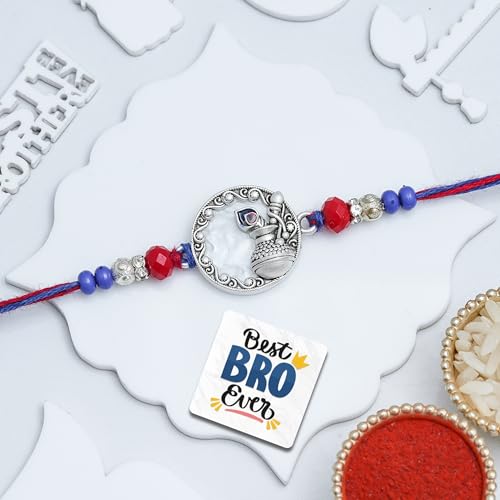 Image of eCraftIndia Dahi Handi Flute Mor Pankh Rakhi for Brother Bhaiya Bhai with Best Bro Ever Fridge Magnet | Roli Chawal Pack