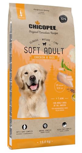 Chicopee Classic Nature Line | Soft Adult | Hundefutter halbfeucht | Mit Huhn & Reis | Weizenfrei & Soft-Krokette | Bedarfsgerechtes Life-Cycle-Konzept | Inspiriert von der Natur Kanadas | 15 kg