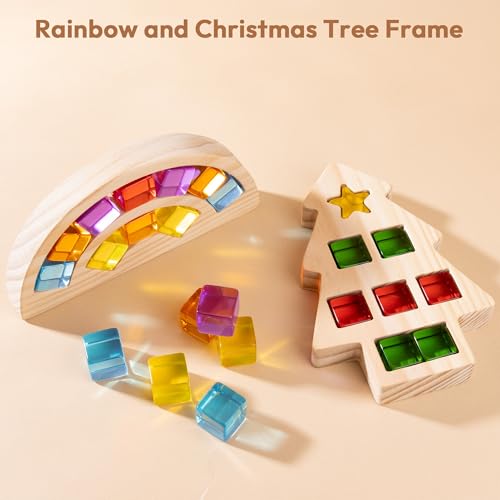 Image of Woodtoe Wooden Building Blocks Set for Kids, Rainbow & Tree Wood Frame - 24 PCS Acrylic Gem Cubes Stacking Blocks, Montessori Stacking Toys, Educational Birthday Toys Gift for Toddlers 3-6