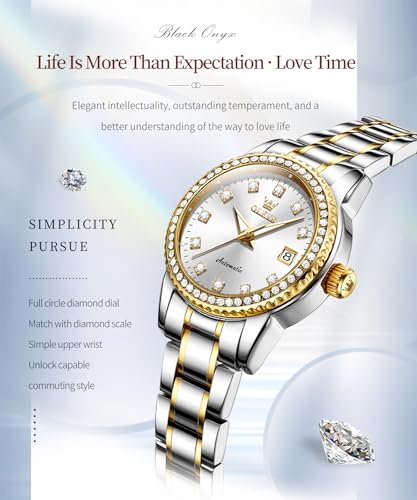 Image of OLEVS Womens Diamond Watches Automatic Mechanical Gold Luxury Dress Ladies Self Winding Original Stainless Steel Wrist Watch