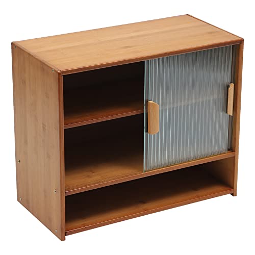 trggvvrt 3 Tiers Small Bamboo Pantry, Freestanding Countertop Storage Cabinet with 2 Sliding Striped Glass Doors, Console Dining Cupboard for Spice Seasoning Bottles, Dish, Bowl