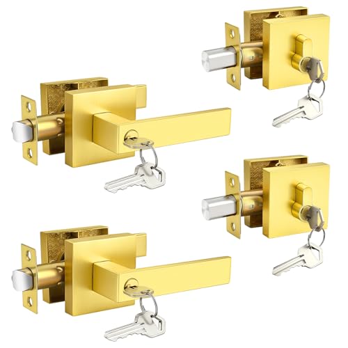 Brotima 2 Pack Gold Exterior Door Lock Set with Deadbolt, Brass Square Front Door Handle Set, Door Levers Double Cylinder Deadbolt Set, Keyed Alike Heavy Duty Keyed Entry Handles Locksets