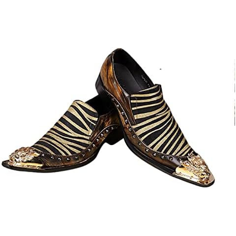 Mens Dress Shoes, Business Casual Leather Shoes, Fashion Personalized Metal Pointed Toe Large Size Low Top Trend Single Shoes Slip-Ons for Party Dress Fashion Show,Yellow,46 EU Cover