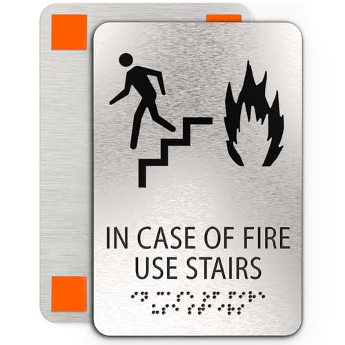 ADAsigns.org, IN CASE OF FIRE Use Stairs sign , ADA Compliant, Man, Fire & Stair Symbols, Brushed Silver, Raised Black Text, Non Tactile Pictograms, Grade 2 Braille, 6x9