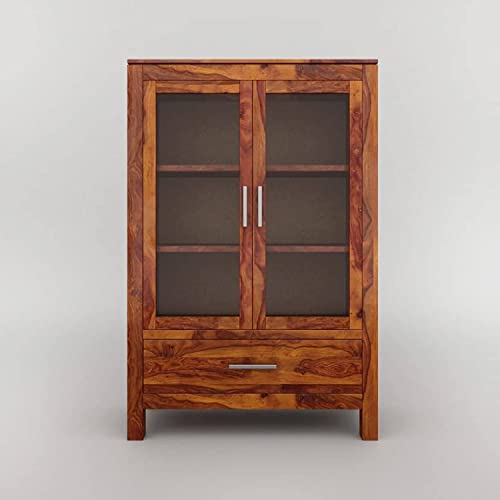 SHREE NATURAL SHEESHAM Wood Multipurpose Kitchen Crockery Cabinet Display Rack with 2 Door and 1 Drawer for Living Room Bedroom | Solid Wood Bookcase for Home(Teak Finish)