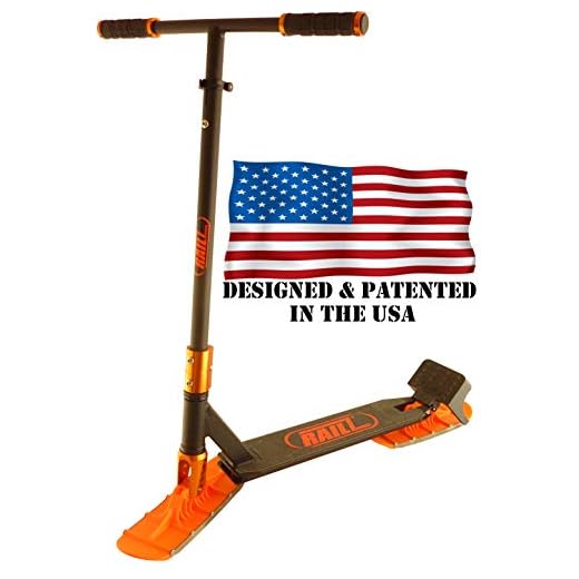 Railz Original Pro Snow Sled Ski Scooter for All Ages. Designed & Patented in The USA. Compact Winter Snow Kick & Ski Skooter (Black & OJ)