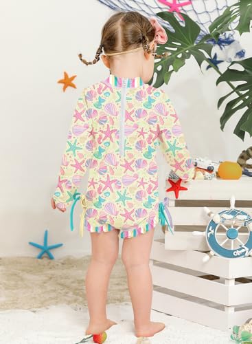 Image of BesserBay Infant Girls Sun Protective Snaps Bottom Swimwear Starfish Yellow Multicolor Long Sleeve Rashguard Swimsuit 0-3 Months