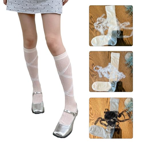 Women Sweet Ballet Thin Ribbed Over the Calf Socks Japanese Girl Sweet Lace Ribbon Ties Bandage Solid Color Stockings2