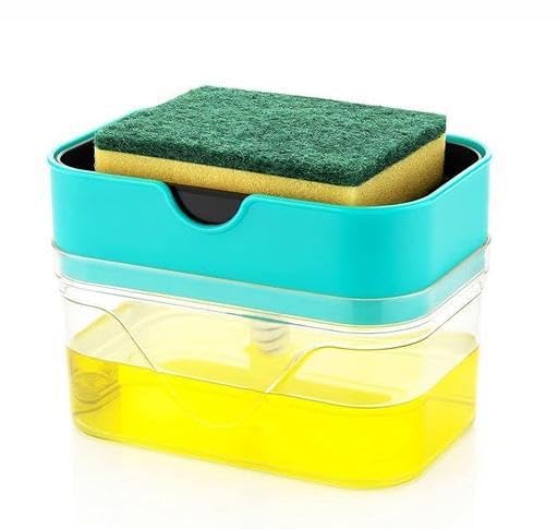 2 in 1 Soap Dispenser for Bathroom Accessories Dishwasher Liquid Holder Liquid Dispenser Pump 450 ML with Sponge Holder Kitchen Sink Accessories Items (Pack of 1)