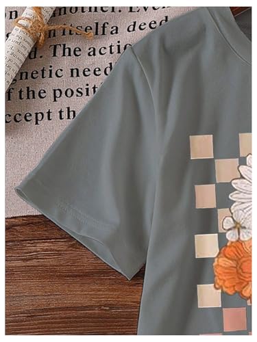 SweatyRocks Girl's Floral Print Crew Neck T Shirt Checkered Short Sleeve Cute Summer Tops4