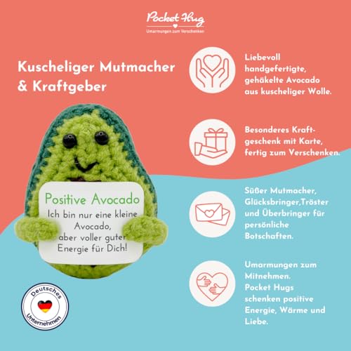 Pocket Hug Positive Avocado · Mutmachergeschenk für Freunde, Familie und Kollegen · Kreative Avocadofigur · Motivationsgeschenk & Glücksbringer deutsch · Handmade Woll-Avocado inkl. Zubehör