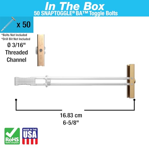 TOGGLER SNAPTOGGLE BA Toggle Anchor, Zinc-Plated Steel Channel, Made in US, 3/8" to 3-5/8" Grip Range, For 3/16"-24 UNC Fastener Size (Pack of 50)