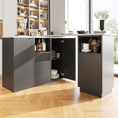 Isla de cocina de rotación 360° negra con elegante encimera de mármol multifunción 3