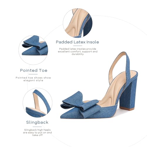 GOSERCE Denim Chunky Heels Sandals for Women with Blue Bow Slingback Closed Pointed Toe Slip On High Heels Comfortable Dress Heeled Shoes Party Graduation Prom Lady Pumps3