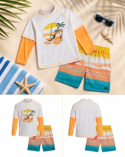 Image of Big Chill Boys Rash Guard Set - 2 Piece UPF 50+ Boys Swim Trunks & Long Sleeve Boy Swim Shirt Youth Bathing Suit Swimwear Set