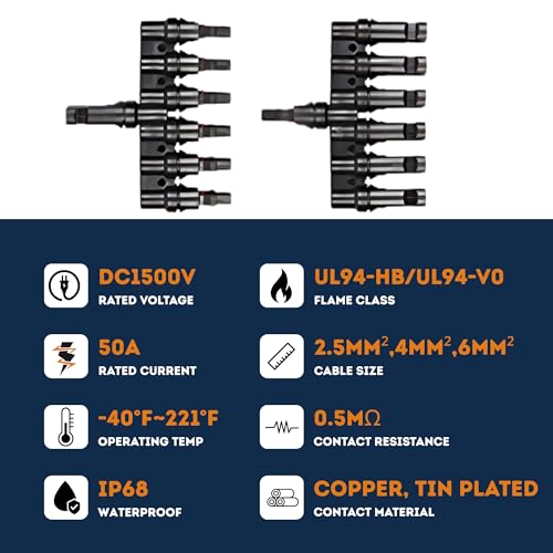 XYRIS Solar Connectors T Branch 1 to 6 for Solar Panels, Solar String Splitter/Joiner (M/FFFFFF+F/MMMMMM 1 Pair)