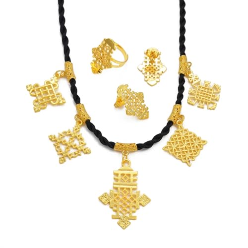 Ethiopian Traditional Jewelry | Eritrean Jewelry for Women Set | Ethiopian African Jewelry Wedding Sets Includes Cross Pendant Black Rope Earrings Ring Sets African Eritrean Religion