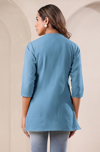 Image of Janasya Women's Light Blue Linen Cotton Solid A-line Top