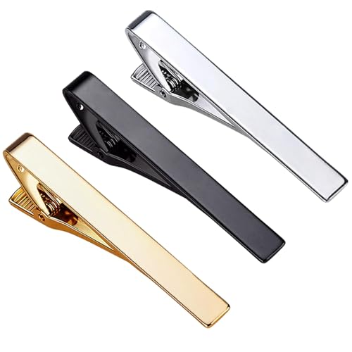 Roctee Tie Clips for Men, 3 Pack Classic Tie Clip Silver Gold Black Necktie Tie Bar Pinch Clips Suitable for Wedding Anniversary Business