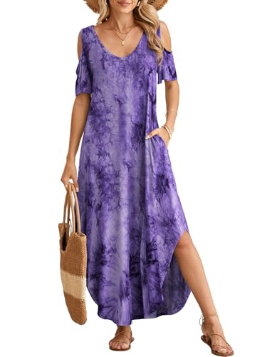 Image of BELAROI Womens Cold Shoulder Maxi Dress Plus Size V Neck Summer Sundresses with Pockets Beach Coverup Vacation Outfits