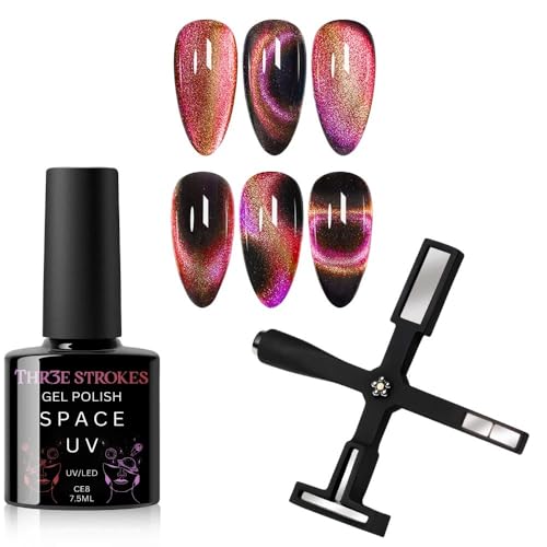 Image of THR3E STROKES 9D Cat Eye Gel Nail Polish 7.5ML - Glitter Magnetic Gel with 3D Shimmering Effect - 5 in 1 Magnet Set - UV /LED Soak Off Gel for Nail Art & DIY Manicure at Home (CE8)