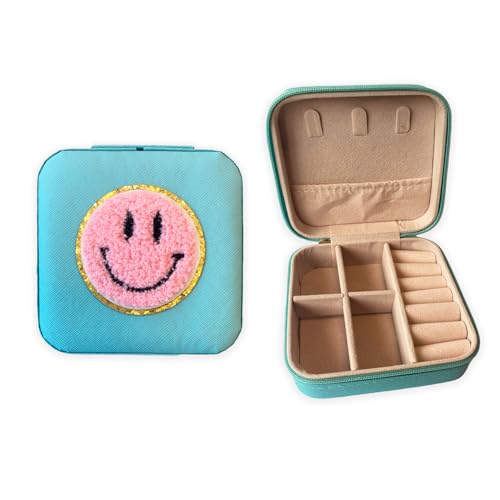 Framan Joyero Compacto 10cm con emoticono Sonrisa, Organizador de Joyas con Compartimentos, Interior Aterciopelado (Azul)