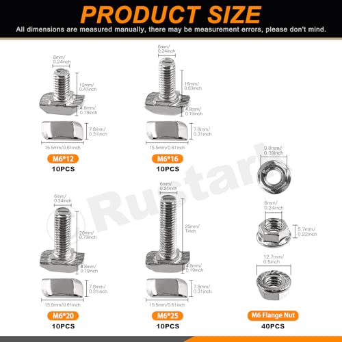 Image of 80Pcs M6x12 /16 /20 /25mm T-Slot Drop-in Bolts with M6 Hexagon Flange Nuts Assortment Kit, Hammer Head Bolt T Shape Sliding Screw Stud for European Standard 30 Series Aluminum Profile